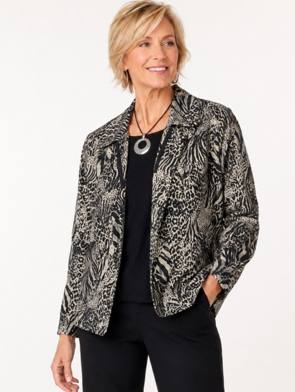 Chico's Silk Animal Print Open Front Lightweight Jacket Zebra Leopard Sz 2 (L)